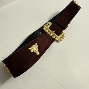 Crisca Dark Brown Leather Belt Gold Trim, Cow, Steer Horns. Made In Italy. 34 In